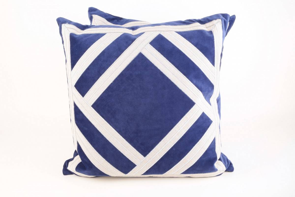 Royal Blue Pillows with White Geometric Trim (2)