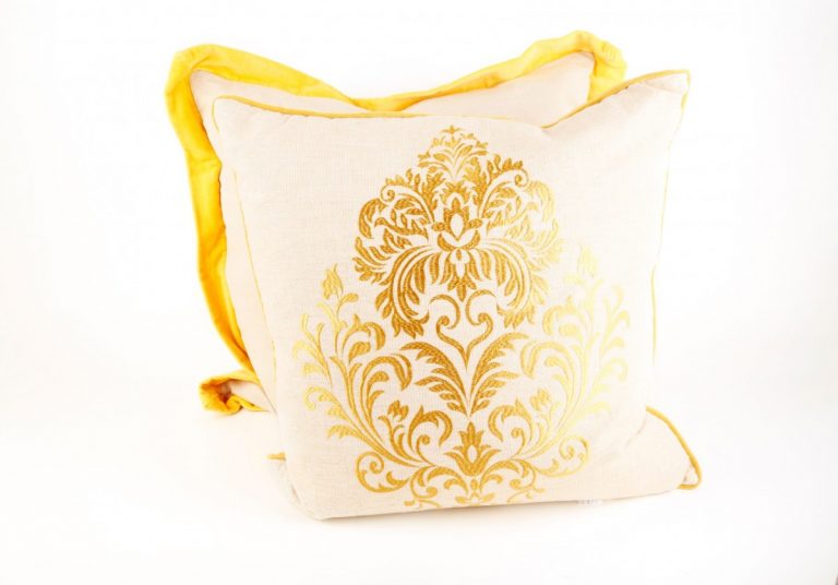 Yellow and White Embroidered Pillow
