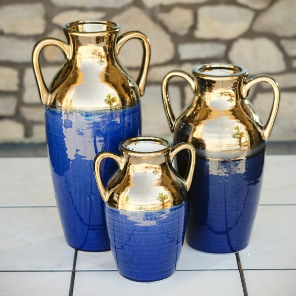 Blue and Gold Ceramic Urns (3)